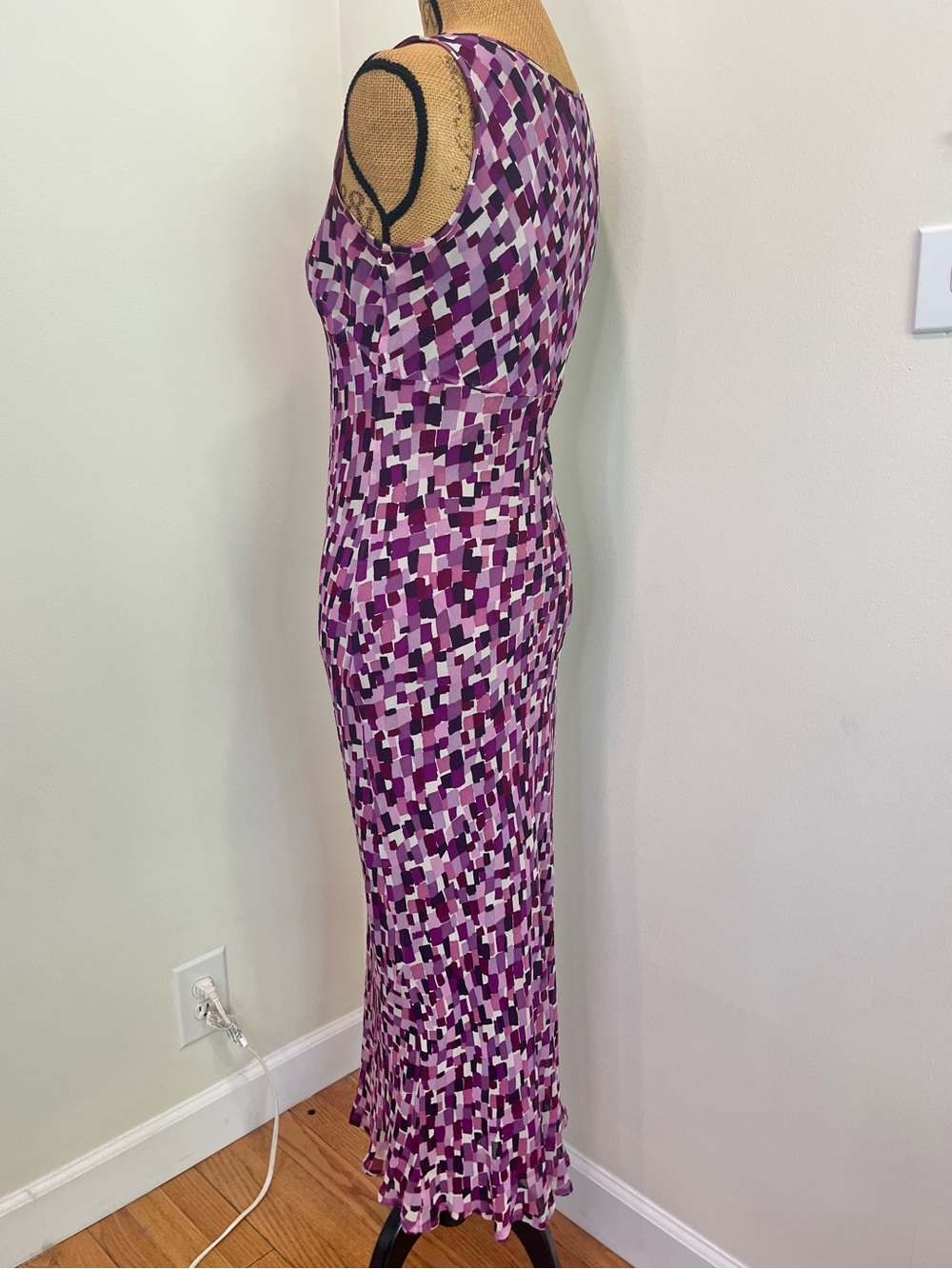 Karen Kane 100% Silk Bias Cut Stretch Maxi Dress Abstract Purple Size Small - Picture 4 of 16